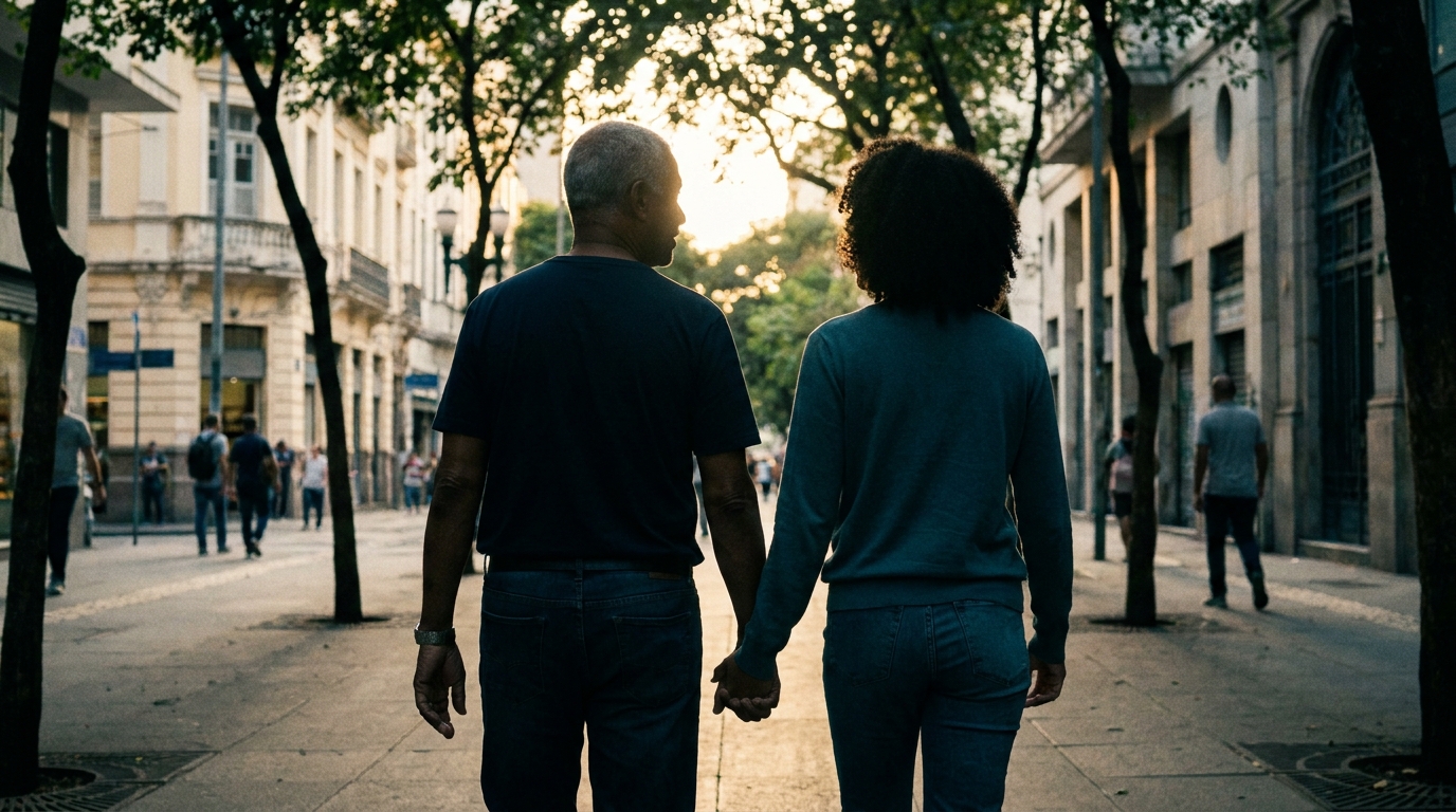 Duas pessoas caminhando lado a lado numa rua arborizada ao fim da tarde